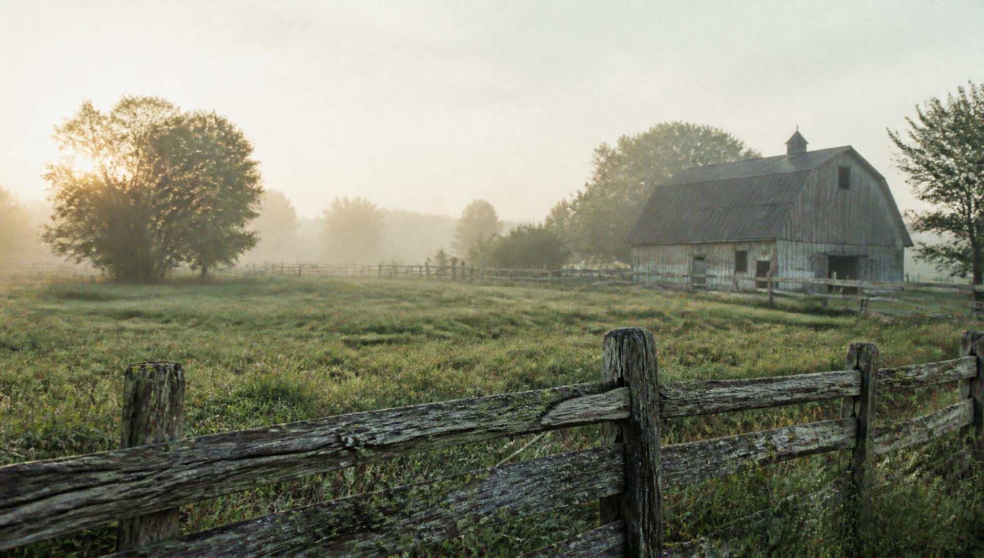 Morning light over a fenced pasture with a weathered barn